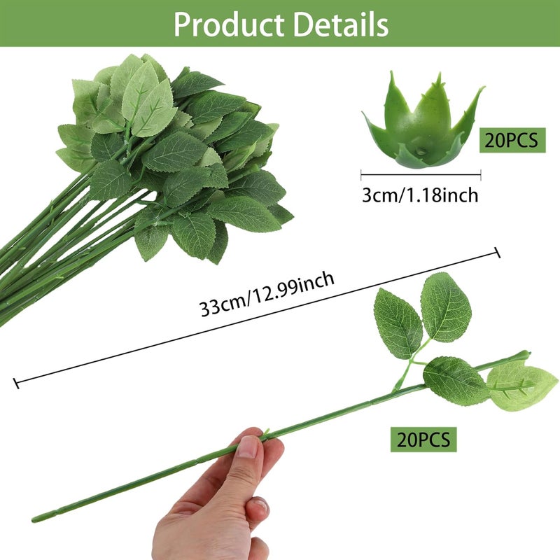 HLTOO 50PCS Floral Wire Stem with Leaves and 50PCS Artificial Flower Calyxes Set, for Floral Rose Arrangement, DIY Craft Bouquet Making, and Florist Supplies - Image 2